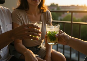 Man and woman toast with refreshing mojito cocktails on balcony at sunset. Summer drink and party concept.