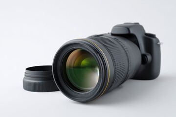 Digital camera lens and lens cap placed on clean white background