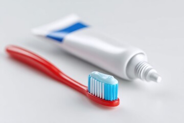 Toothbrush and toothpaste tube laid out on clean white