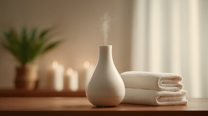 Elegant ceramic diffuser with steaming aroma and neatly folded towels on wooden surface.