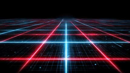 Futuristic glowing grid with neon lines and dynamic perspective in a digital space.