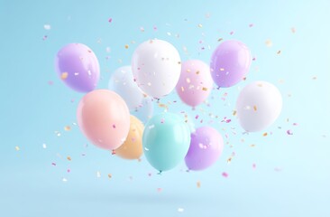 A dreamy sky is the backdrop for festive balloons drifting lazily and colorful confetti falling gently, combining to create a celebratory and whimsical atmosphere characterized by pastel pinks,