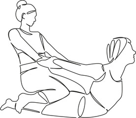 One continuous single drawing line art flat doodle woman, yoga, female, lifestyle, assistance, exercising, stretching. Isolated image hand draw contour on a white background, hand drawn, not AI