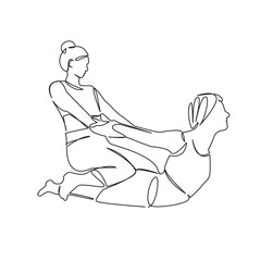 One continuous single drawing line art flat doodle woman, yoga, female, lifestyle, assistance, exercising, stretching. Isolated image hand draw contour on a white background, hand drawn, not AI