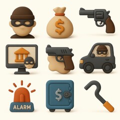 Cartoon icons depicting crime and security.