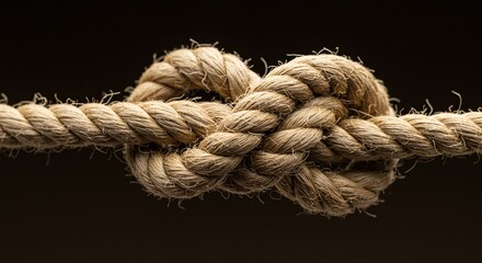 Close up of a tan rope tied in an overhand knot against a dark brown backdrop