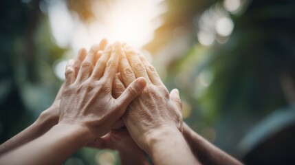 Close-up of hands gently holding a round loaf of rustic bread outdoors with blurred sunlit background.