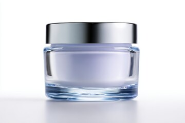 Transparent cosmetic jar with gel cream on clean white background