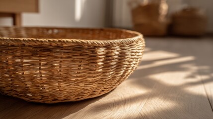 Fototapeta premium Close up of a woven wicker basket on wooden table with natural sunlight streaming in.