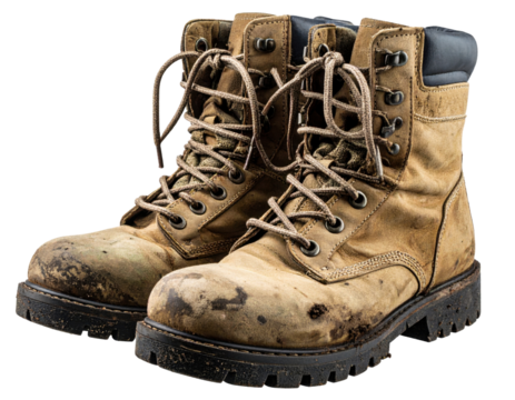 A pair of rugged well-worn work boots covered in dirt and scuffs evoke a sense of durability and hard labor.