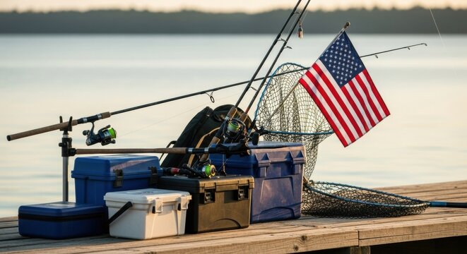 Fishing Equipment and US Flag on a Dock by the Lake at Dusk - Powered by Adobe