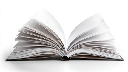 Fototapeta premium Open blank book with white pages spread out flat on a white background.