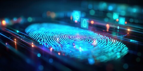 Highly detailed digital fingerprint scan with glowing biometric patterns and futuristic technology visualization.