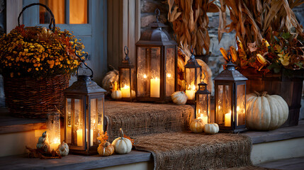 Candlelit lanterns on a porch with fall decorations including autumn wreaths pumpkins and dried corn husks creating a warm seasonal doorstep scene