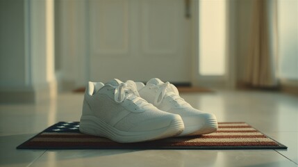 White athletic shoes resting on a welcome mat in front of a door at home during daytime.
