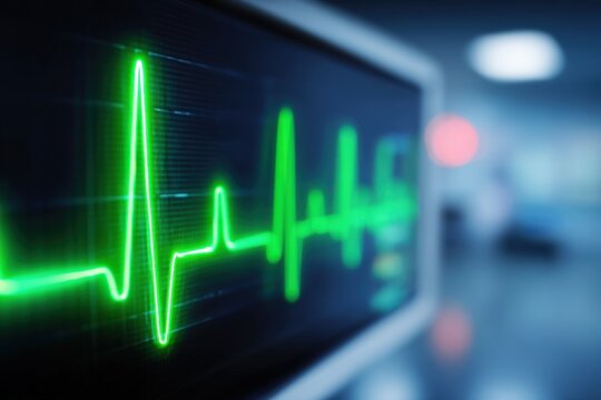 Modern medical monitor displaying vibrant green electrocardiogram rhythm with hospital background.