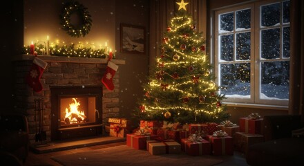 Cozy Christmas Eve Fireplace, Tree, and Presents
