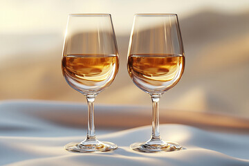 Glass reflections. Wine culture. Two elegant Wine Glass filled with Champagne wine.