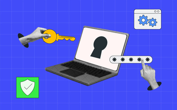 halftone collage, Cyber ​​Security login concept with password input, key access, hand gestures and keyhole screen, secure data access, user authentication and online privacy protection
