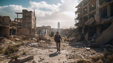 Person walking through war-torn city ruins. Urban destruction aftermath. Conflict zone devastation. Damaged buildings debris. Documentary photography concept