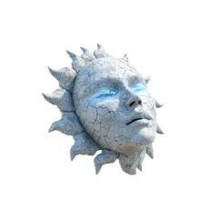 Stone Sun Face Mystical 3D Render of a Cracked Head Sculpture with Glowing Eyes