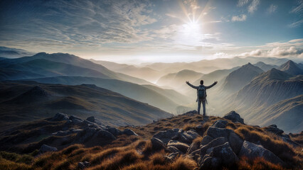 Solo male hiker on mountain summit at sunrise, arms raised in victory. Backpack adventure travel landscape banner. Inspirational freedom, success and outdoor goal achievement concept background.