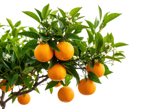 Orange tree branch with ripe citrus fruits, white blossoms and green leaves isolated on transparent background