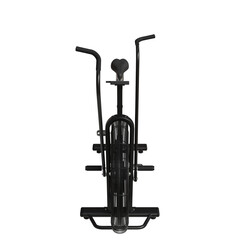 black air bike, viewed from a rear perspective, showcasing its sturdy frame, large flywheel, and dual handlebars for upper and lower body workout.  The design emphasizes functionality 