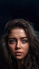 Young Caucasian woman portrait. Blue eyes closeup. Wavy brown hair. Natural makeup beauty concept. Skincare advertising banner.