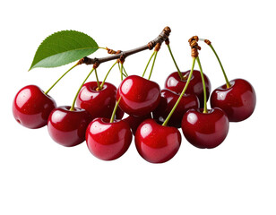 Fresh ripe red cherries with green stems and leaf on transparent background for food and nutrition design