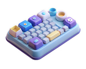 A cute 3d render of a blue and purple keyboard with coffee cups isolated on transparent background