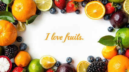Colorful Fruit Frame: A Healthy Food Border. A vibrant and eye-catching image featuring a colorful arrangement of various fresh fruits framing a white space with the text &ldquo;I love fruits&rdquo;. 