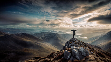 Man in dark hiking jacket stands arms outstretched on rocky mountain summit at sunrise. Dramatic clouds and panoramic valley. Adventure, success, freedom, travel hero banner background.