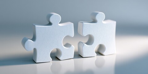 Obraz premium Close up of two white puzzle pieces fitting together on a reflective surface with soft background lighting.