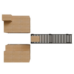 Overhead view of a modular light-wood storage system with a separate, long, dark-brown slatted...