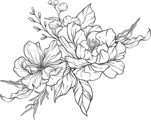 Hand drawn black and white floral lineart featuring delicate blossoms and flowing leaves perfect for botanical themes, minimalist designs, or nature inspired compositions
