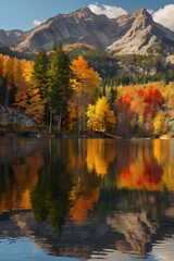 Fototapeta premium Autumn Mountain Reflections in Vibrant Gold and Red Tones