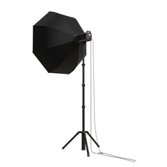 collapsible octabox softbox light modifier mounted on a tripod stand, angled slightly to the right, showcasing its adjustable height. The setup is ideal for professional photography or videography