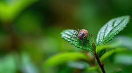 Naklejka premium Close-up of a tick on a green leaf in nature with detailed texture and vibrant background.