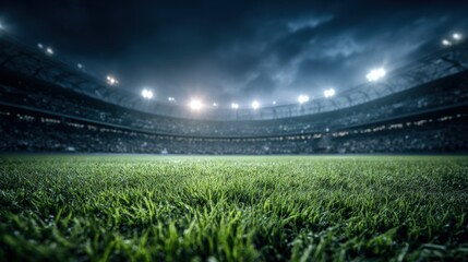 Spectacular view of a large illuminated sports stadium with bright lights and lush green field at night.