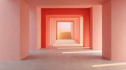 Fototapeta premium Long Pink Corridor Tunnel with Repeating Archways and Bright Light at End.