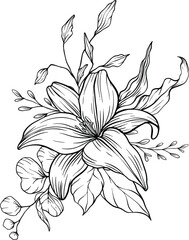 Hand drawn black and white floral lineart featuring delicate blossoms and flowing leaves perfect for botanical themes, minimalist designs, or nature inspired compositions

