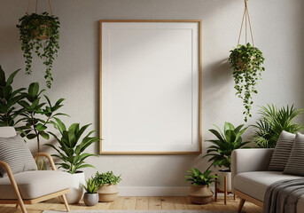 A stylish living room interior with a wooden poster frame on the wall, surrounded by indoor plants, cozy furniture, warm lighting, natural shadows, aesthetic home decor, perfect for art print mockups.
