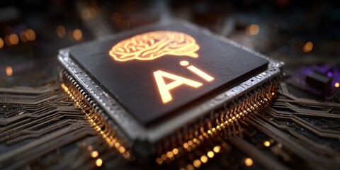 Close-up of a computer microchip with AI symbol glowing on circuit board background.