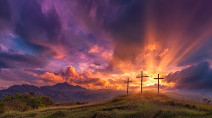 Obraz premium Stunning sunset with vibrant orange purple sky illuminating three crosses on hilltop.