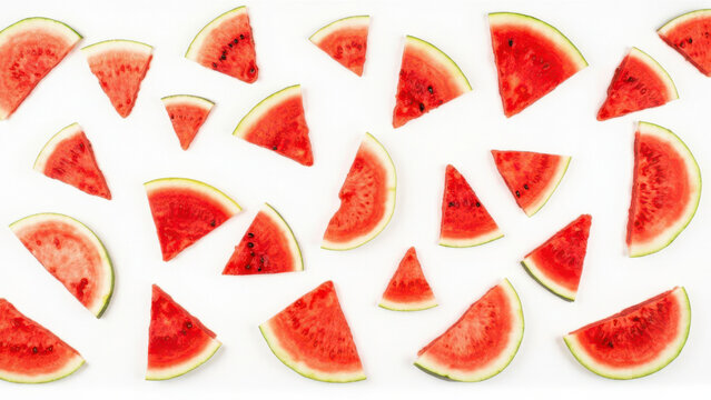 Watermelon Slices on White. A bright and cheerful image featuring a variety of watermelon slices, in different shapes and sizes, scattered across a clean white background.  - Powered by Adobe