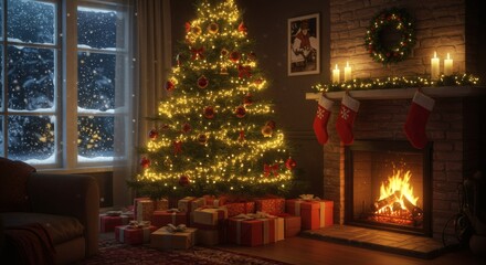 Cozy Christmas Room Fireplace, Tree, and Presents