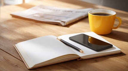 Workplace workspace with notebook pen smartphone newspaper coffee on wooden table.