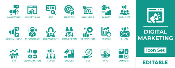 Digital Marketing Icon Set. Features icons of SEO, email campaigns, social media, analytics, and content strategy. Perfect for agencies, websites, and marketing tools.