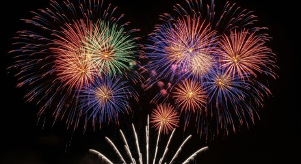 Grand Fireworks Display in Red, Green, and Blue Against Dark Sky